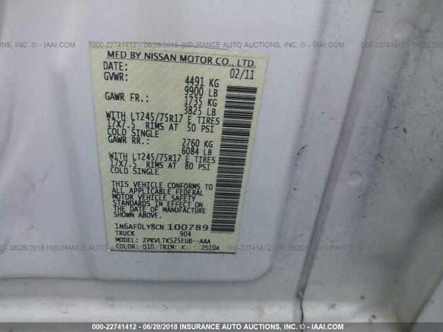 1N6AF0LY8CN100789 - 2012 NISSAN NV 2500/3500 WHITE photo 9