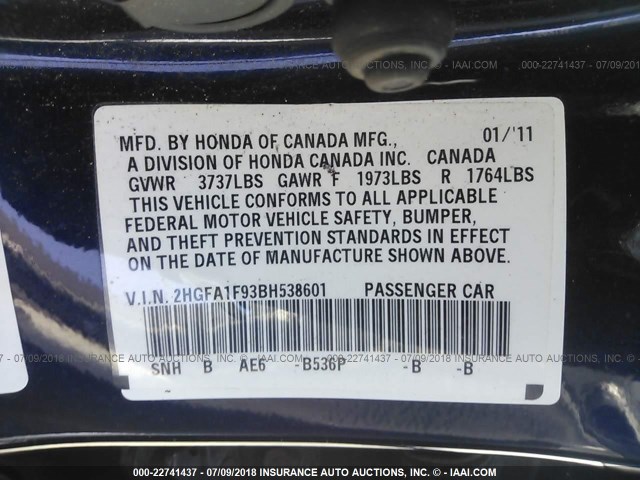 2HGFA1F93BH538601 - 2011 HONDA CIVIC EXL 蓝色 照片 9