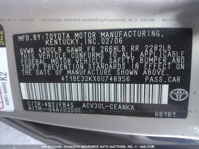 4T1BE32KX6U748956 - 2006 TOYOTA CAMRY LE/XLE/SE Qızıl foto 9