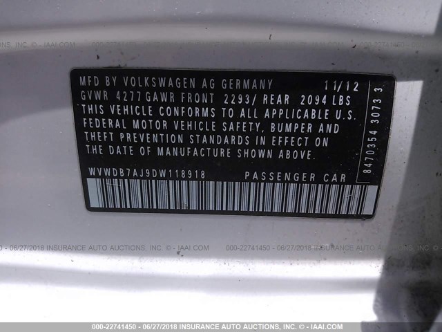 WVWDB7AJ9DW118918 - 2013 VOLKSWAGEN GOLF WHITE photo 9