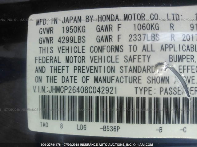 JHMCP26408C042921 - 2008 HONDA ACCORD LXP Dark Blue photo 9