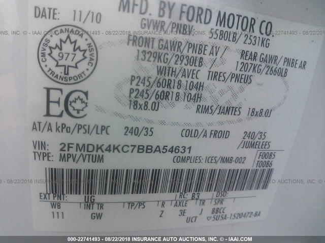 2FMDK4KC7BBA54631 - 2011 FORD EDGE LIMITED WHITE photo 9