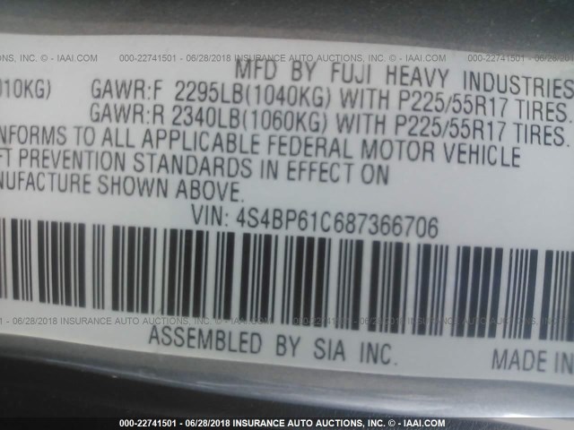 4S4BP61C687366706 - 2008 SUBARU OUTBACK 2.5I SILVER photo 9