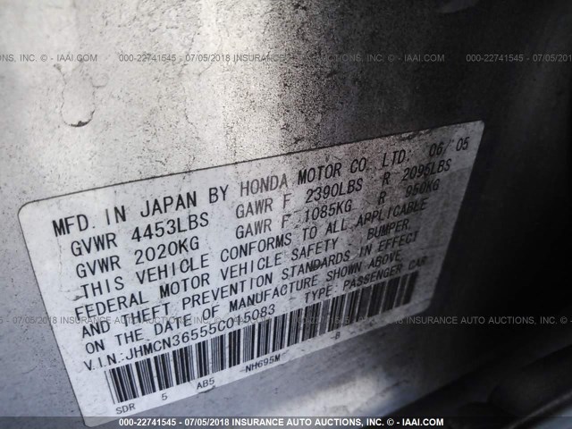 JHMCN36555C015083 - 2005 HONDA ACCORD HYBRID SILVER photo 9