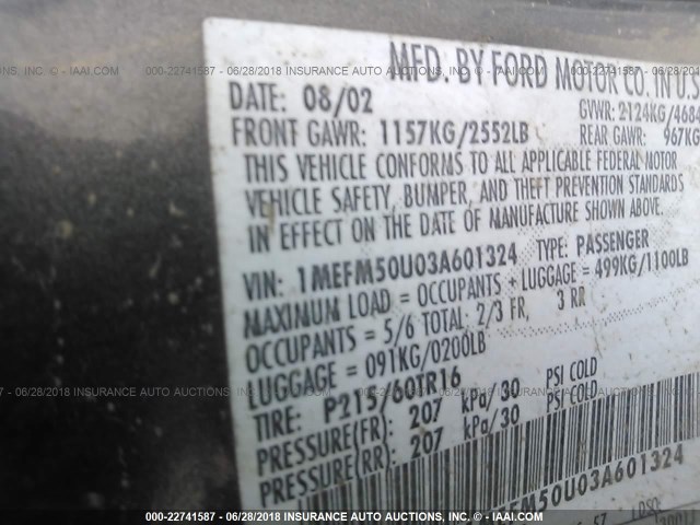 1MEFM50U03A601324 - 2003 MERCURY SABLE GS GRAY photo 9