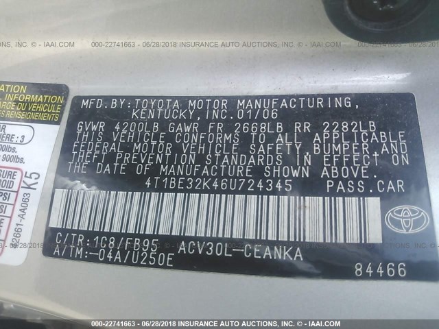 4T1BE32K46U724345 - 2006 TOYOTA CAMRY LE/XLE/SE ვერცხლისფერი ფოტო 9
