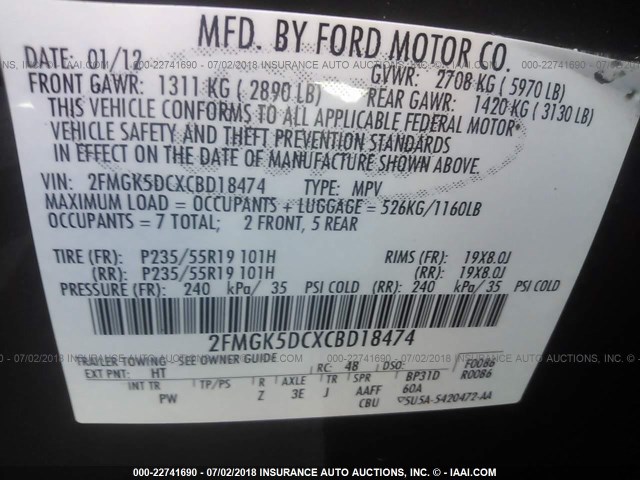 2FMGK5DCXCBD18474 - 2012 FORD FLEX LIMITED MAROON photo 9