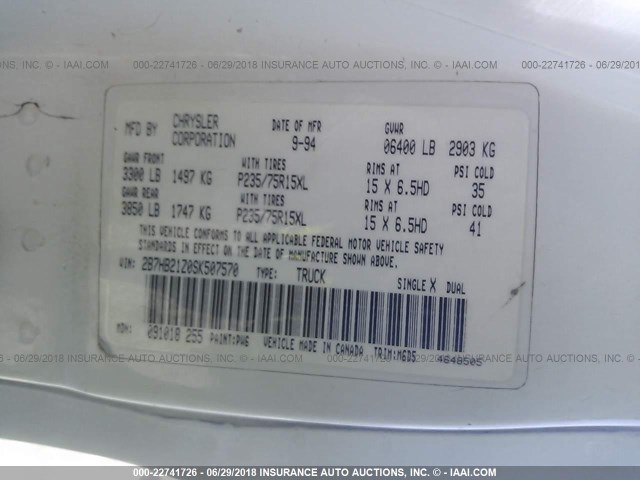 2B7HB21Z0SK507570 - 1995 DODGE RAM VAN B2500 WHITE photo 9