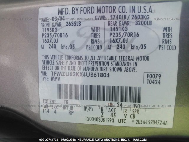 1FMZU62KX4UB61804 - 2004 FORD EXPLORER XLS/XLS SPORT Champagne photo 9