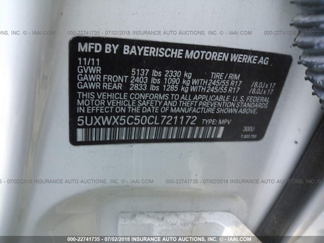 5UXWX5C50CL721172 - 2012 BMW X3 XDRIVE28I WHITE photo 9