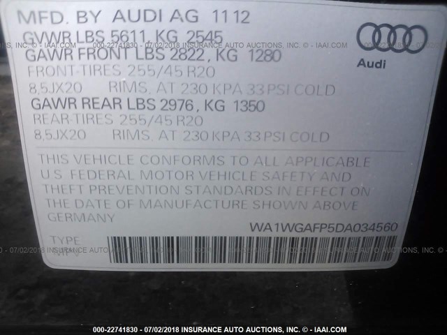 WA1WGAFP5DA034560 - 2013 AUDI Q5 PRESTIGE BLUE photo 9