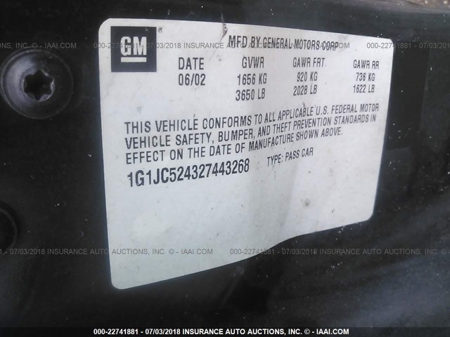 1G1JC524327443268 - 2002 CHEVROLET CAVALIER CNG GREEN photo 9