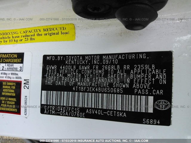 4T1BF3EK4BU650685 - 2011 TOYOTA CAMRY SE/LE/XLE თეთრი ფოტო 9