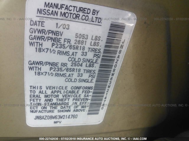 JN8AZ08W63W214760 - 2003 NISSAN MURANO SL/SE GOLD photo 9