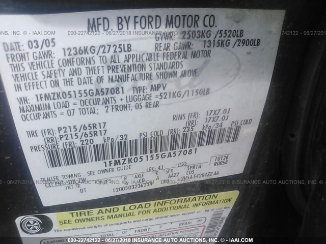 1FMZK05155GA57081 - 2005 FORD FREESTYLE SEL BLUE photo 9