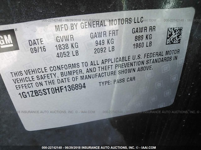 1G1ZB5ST0HF136894 - 2017 CHEVROLET MALIBU LS ნაცრისფერი ფოტო 9