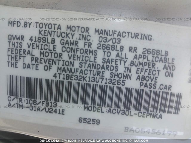 4T1BE32K13U713265 - 2003 TOYOTA CAMRY LE/XLE/SE Boz foto 9