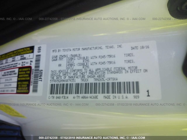5TFRX5GN9HX079351 - 2017 TOYOTA TACOMA ACCESS CAB/SR/SR5 თეთრი ფოტო 9