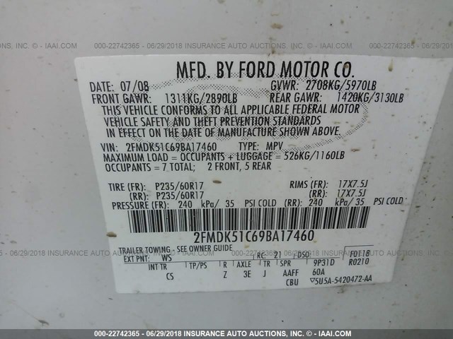 2FMDK51C69BA17460 - 2009 FORD FLEX SE WHITE photo 9