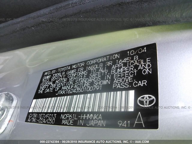 JTKKT624350100791 - 2005 TOYOTA SCION XA ვერცხლისფერი ფოტო 9