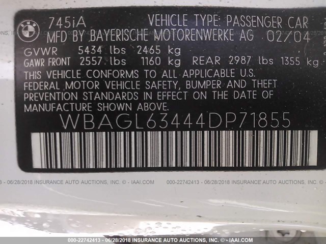 WBAGL63444DP71855 - 2004 BMW 745 I WHITE photo 9