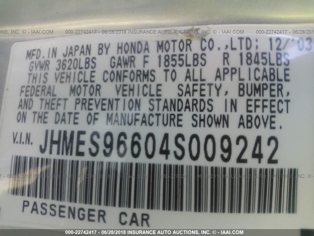 JHMES96604S009242 - 2004 HONDA CIVIC HYBRID BLUE photo 9