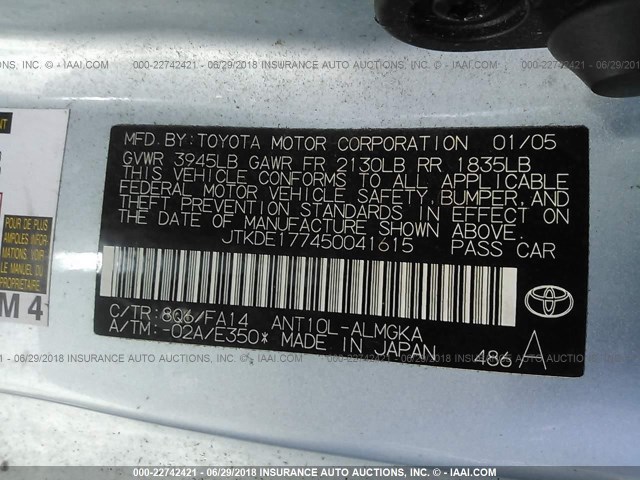 JTKDE177450041615 - 2005 TOYOTA SCION TC 蓝色 照片 9