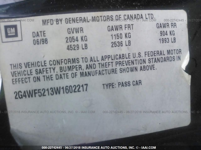 2G4WF5213W1602217 - 1998 BUICK REGAL GS BLACK photo 9