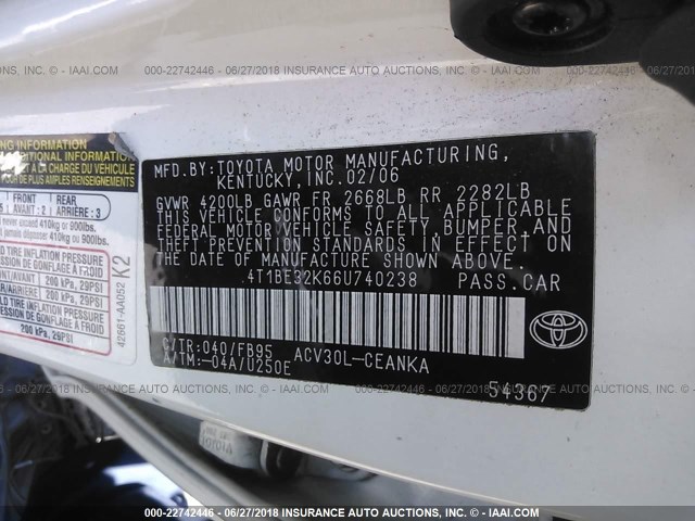 4T1BE32K66U740238 - 2006 TOYOTA CAMRY LE/XLE/SE 白色 照片 9