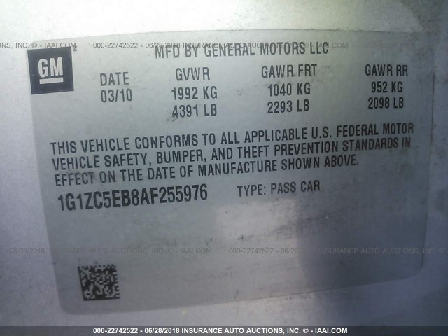 1G1ZC5EB8AF255976 - 2010 CHEVROLET MALIBU 1LT SILVER photo 9