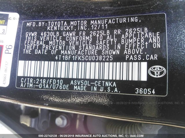 4T1BF1FK5CU038225 - 2012 TOYOTA CAMRY SE/LE/XLE BLACK photo 9