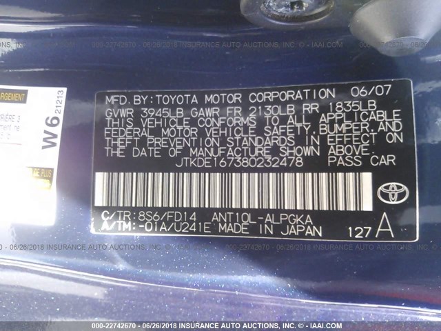 JTKDE167380232478 - 2008 TOYOTA SCION TC 蓝色 照片 9