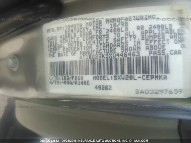 4T1BG22K3XU446463 - 1999 TOYOTA CAMRY CE/LE/XLE 灰色 照片 9