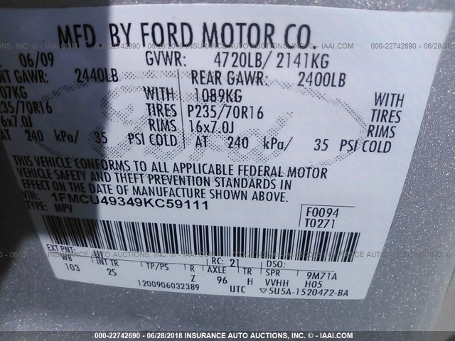 1FMCU49349KC59111 - 2009 FORD ESCAPE HYBRID SILVER photo 9