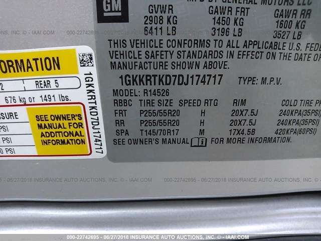 1GKKRTKD7DJ174717 - 2013 GMC ACADIA DENALI SILVER photo 9