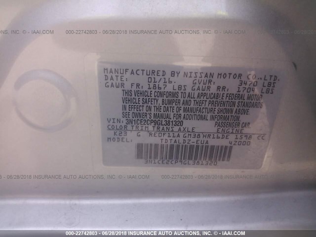 3N1CE2CP9GL381320 - 2016 NISSAN VERSA NOTE S/S PLUS/SV/SL/SR SILVER photo 9