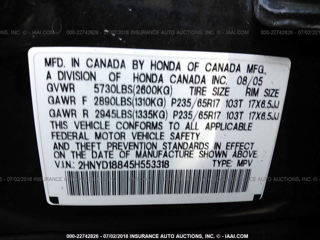 2HNYD18845H553318 - 2005 ACURA MDX TOURING BLACK photo 9