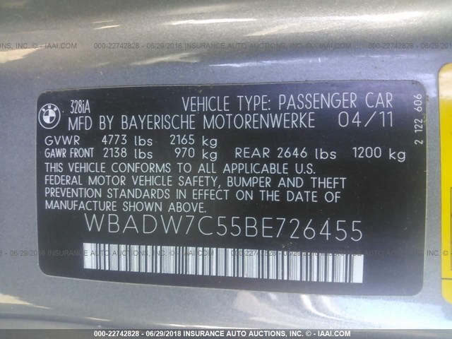 WBADW7C55BE726455 - 2011 BMW 328 I SULEV GRAY photo 9