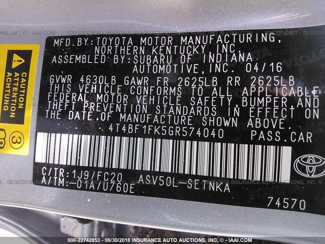 4T4BF1FK5GR574040 - 2016 TOYOTA CAMRY LE/XLE/SE/XSE SILVER photo 9