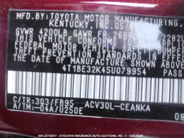4T1BE32K45U079954 - 2005 TOYOTA CAMRY LE/XLE/SE 栗色 照片 9
