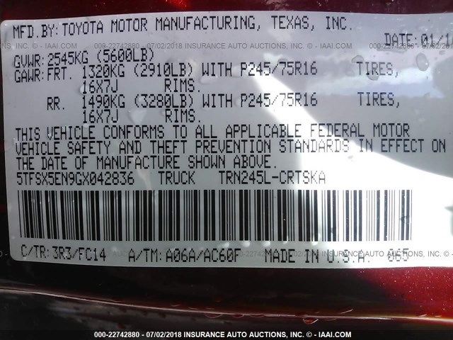 5TFSX5EN9GX042836 - 2016 TOYOTA TACOMA ACCESS CAB/SR/SR5 RED photo 9