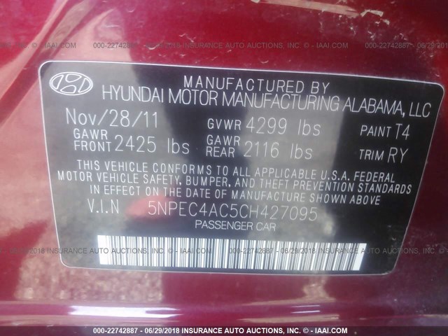 5NPEC4AC5CH427095 - 2012 HYUNDAI SONATA SE/LIMITED MAROON photo 9