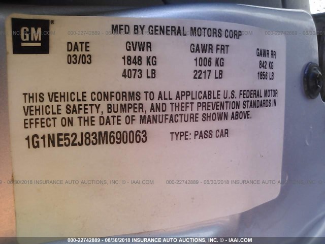 1G1NE52J83M690063 - 2003 CHEVROLET MALIBU LS SILVER photo 9