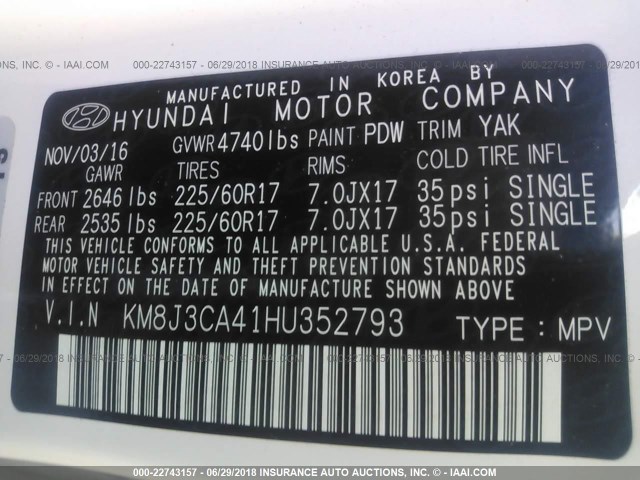 KM8J3CA41HU352793 - 2017 HYUNDAI TUCSON LIMITED/SPORT AND ECO/SE WHITE photo 9