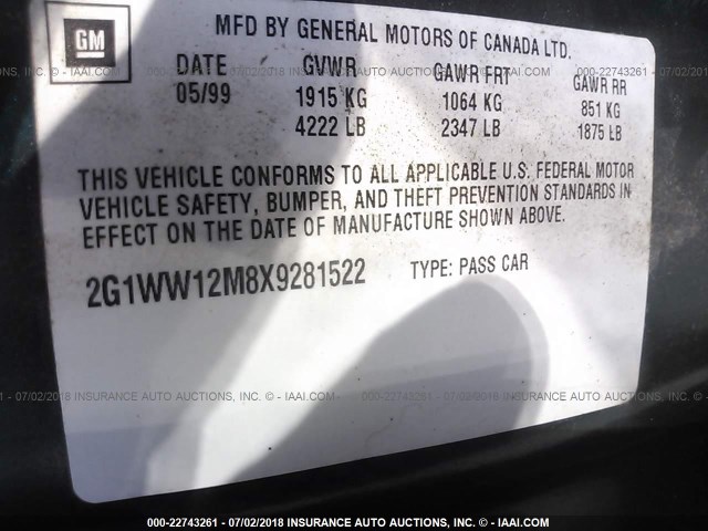 2G1WW12M8X9281522 - 1999 CHEVROLET MONTE CARLO LS მწვანე ფოტო 9