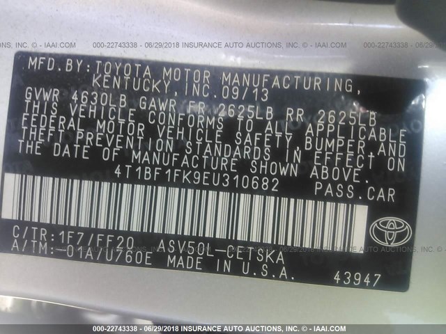 4T1BF1FK9EU310682 - 2014 TOYOTA CAMRY L/SE/LE/XLE 银色 照片 9