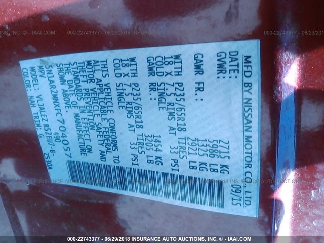 5N1AR2MNXFC704057 - 2015 NISSAN PATHFINDER S/SV/SL/PLATINUM RED photo 9