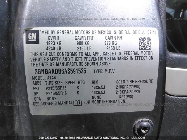 3GNBAADB6AS591525 - 2010 CHEVROLET HHR LS GRAY photo 9