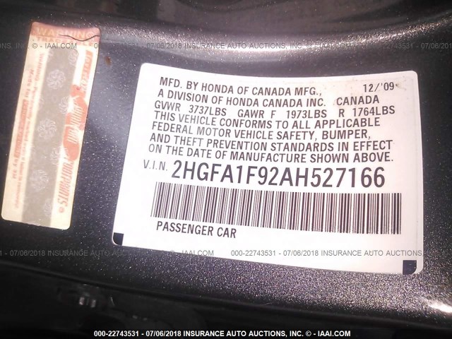 2HGFA1F92AH527166 - 2010 HONDA CIVIC EXL GRAY photo 9
