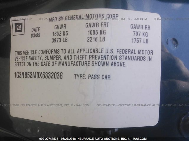 1G3NB52M0X6332038 - 1999 OLDSMOBILE CUTLASS GL 绿色 照片 9